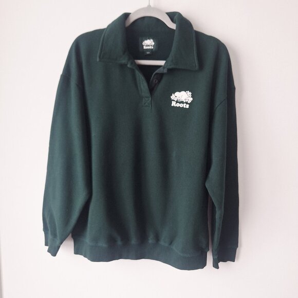 ROOTS Organic Original 1/4 Button Collar Sweatshirt - Varsity Green - Picture 1 of 8